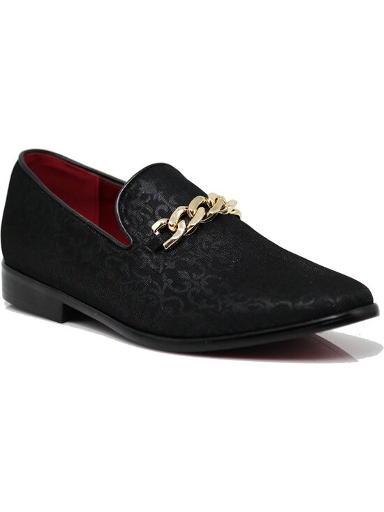 Enzo Romeo Men\'s Black Satin Silky Floral Chain Buckle Loafer Slip On Shoes
